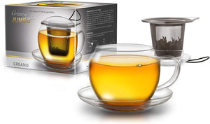 Creano Jumbo Tee-Tasse XXL mit Henkel und integriertem Edelstahlsieb, Glas-Deckel und Untertasse | 450ml