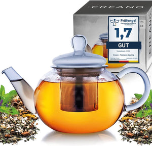 Creano Teekanne aus Glas 0,8l, 3-Teilige Glasteekanne mit Integriertem Edelstahl-Sieb und Glas-Deckel, Ideal zur Zubereitung von Losen Tees